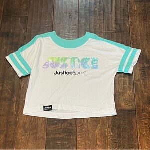 Justice Sport Kids White and Blue Ringer Crop T-Shirt